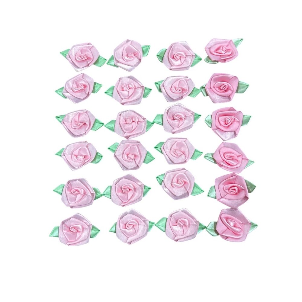 Pink Satin Ribbon Rose Appliques With Green Leaves For Crafting Sewing Decoratio